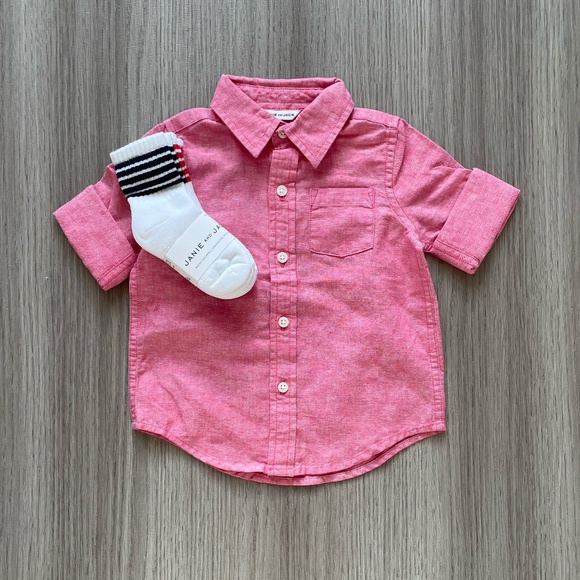 NWT Janie and Jack Linen Button Up Roll-Cuff Shirt & Striped Socks Red 12-18M - Picture 1 of 12